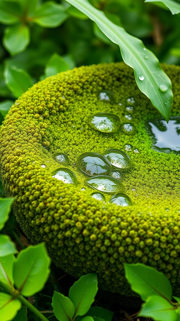 A close-up of a mossy surface with water droplets, surrounded by green leaves.