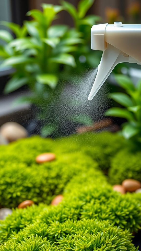 A misting spray bottle releasing water vapor over a patch of vibrant green moss.