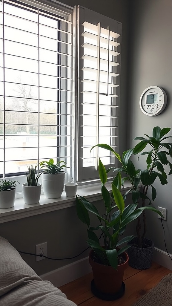 Indoor setting showcasing a snake plant near a window with temperature display, illustrating optimal care conditions.