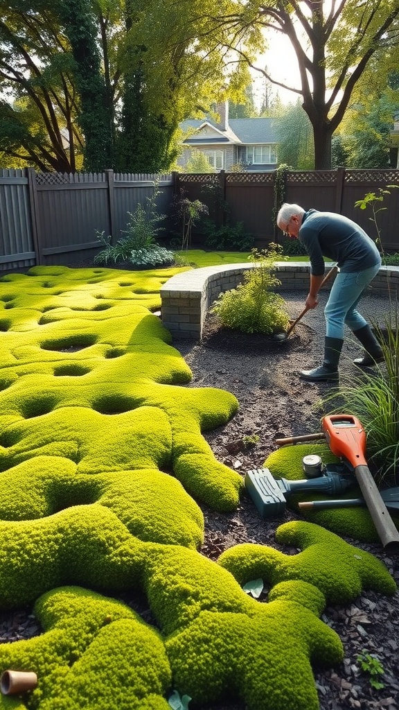 A person maintaining a lush green moss garden, removing weeds and ensuring the moss thrives.