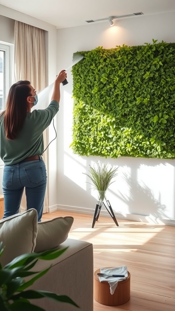 A person spraying a green moss wall, highlighting care for a vertical garden.