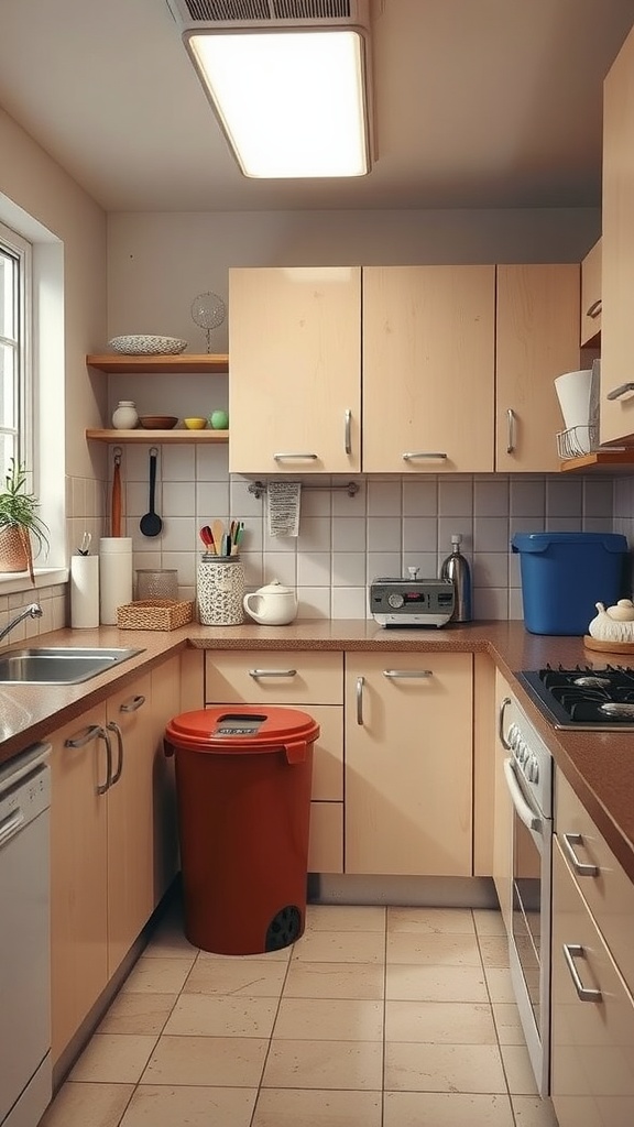 A clean kitchen with a red trash can, showcasing an organized space that helps repel flies.