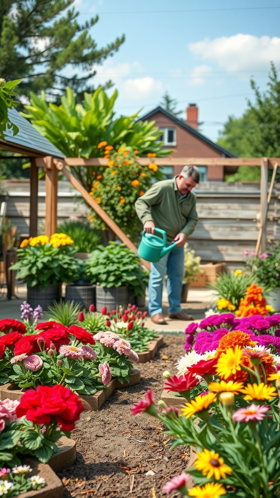 A gardener watering raised flower beds filled with colorful flowers along a fence.