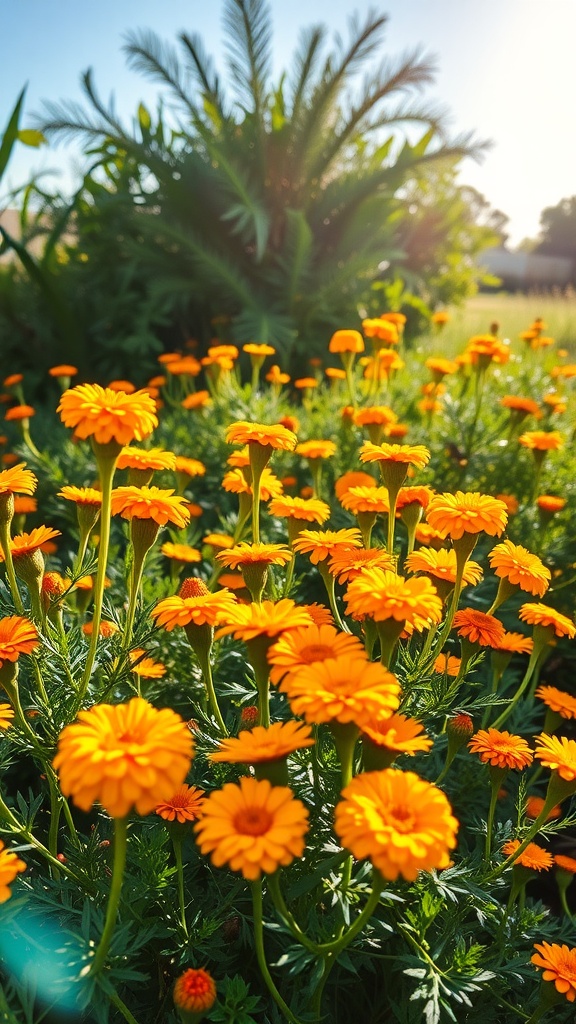 A vibrant display of marigolds in a garden setting, showcasing their bright orange and yellow flowers.