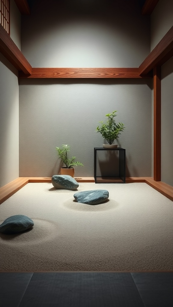 A minimalist Zen garden featuring smooth stones and small plants, designed for meditation