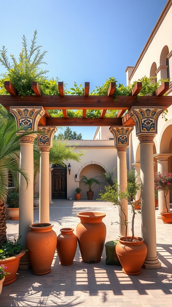 A Mediterranean-style pergola with colorful tile accents and terracotta pots.