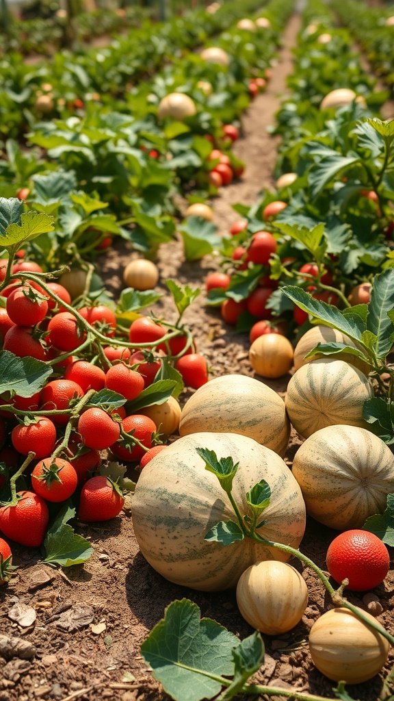 A field with ripening melons and red tomatoes under the sun