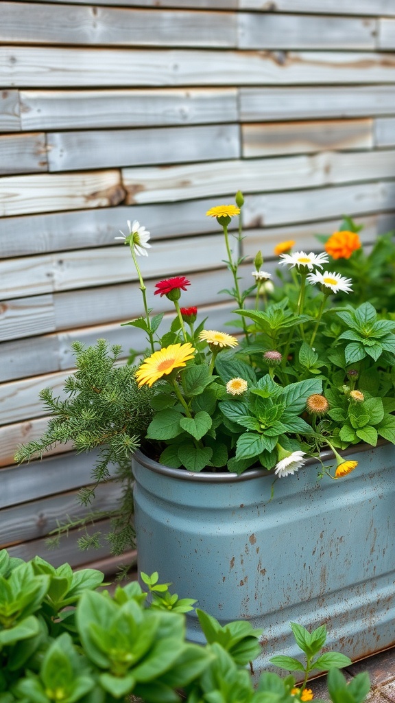 Colorful flowers growing in a rustic metal trough against a wooden background.