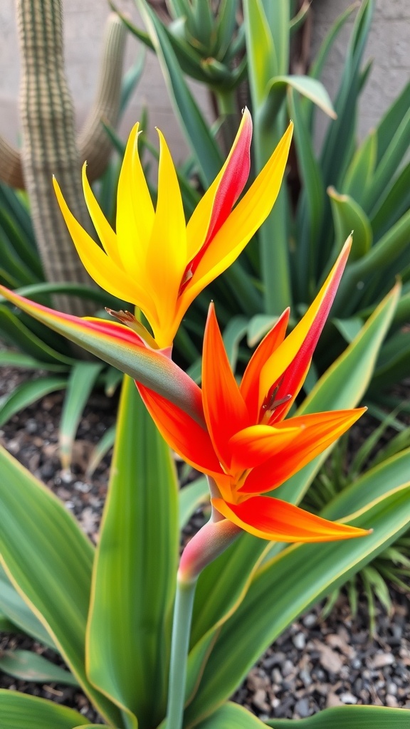 Vibrant Mexican Bird of Paradise flowers in yellow and orange with green leaves in the background