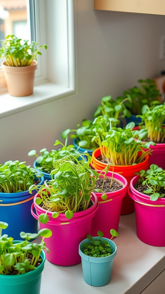 Colorful small container buckets filled with microgreens on a windowsill.