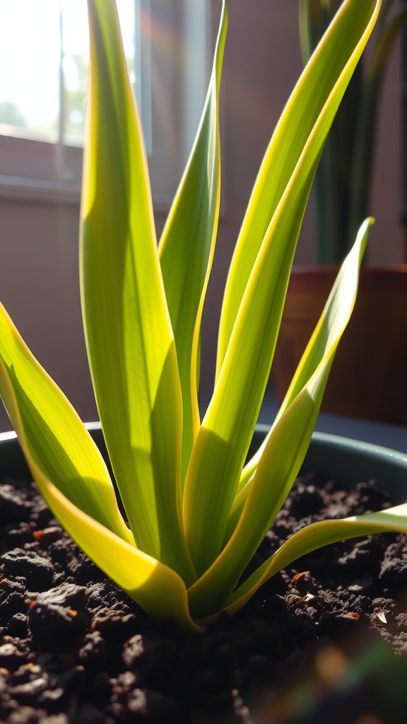 Vibrant snake plant leaves with micronutrient-rich fertilizer packets arranged in a pot.