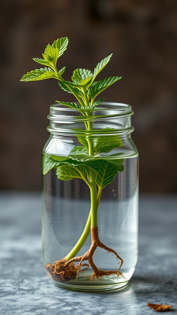 A jar of water containing a mint cutting with visible roots growing.