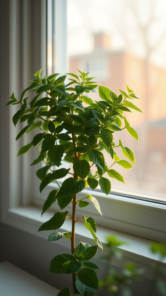 A healthy mint plant growing near an east-facing window with sunlight streaming in.