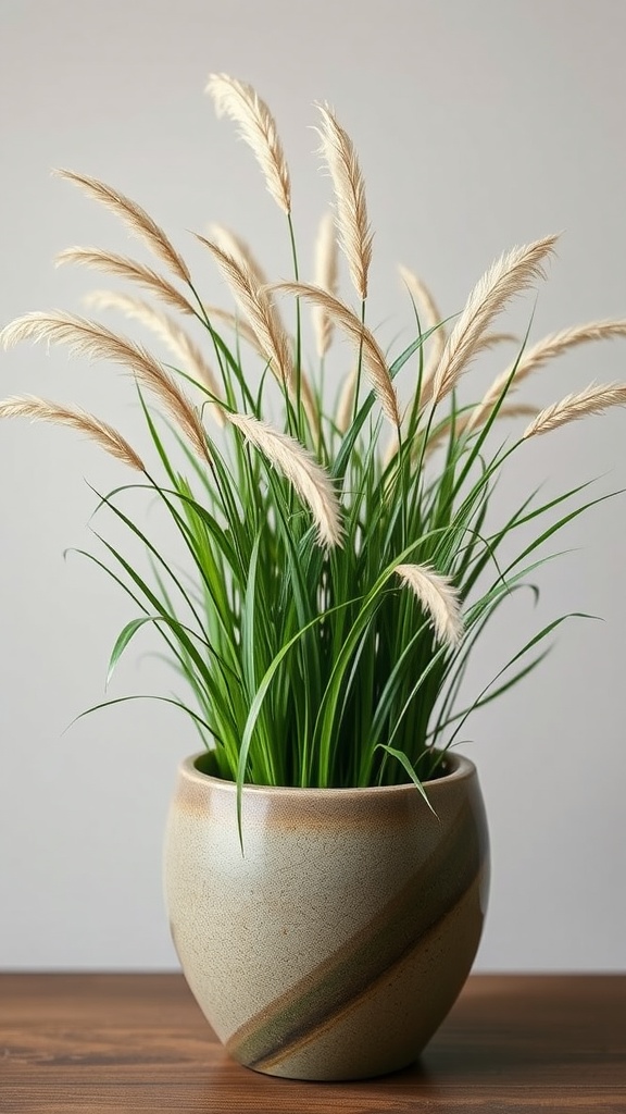 A pot of Miscanthus grass with feathery plumes, styled in an earthy pot.