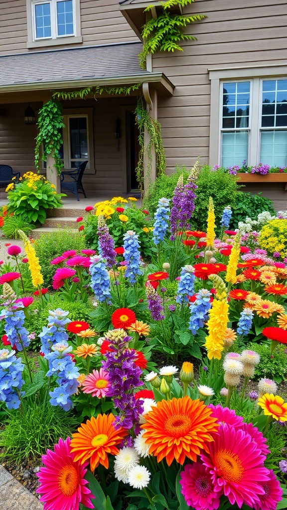 A colorful flower bed in front of a house featuring a mix of annuals and perennials.