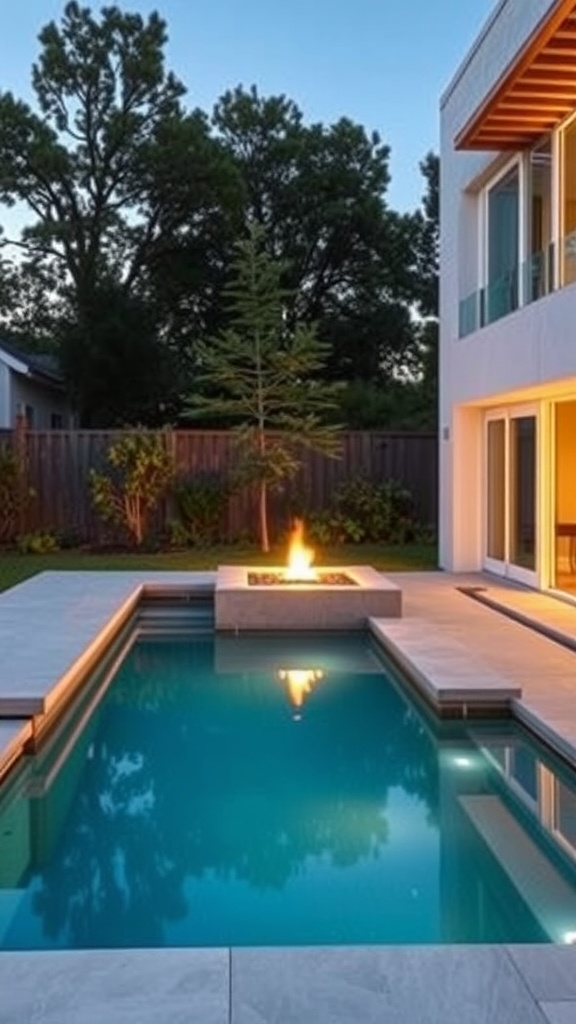 Modern geometric pool with clear blue water and a fire pit surrounded by greenery.