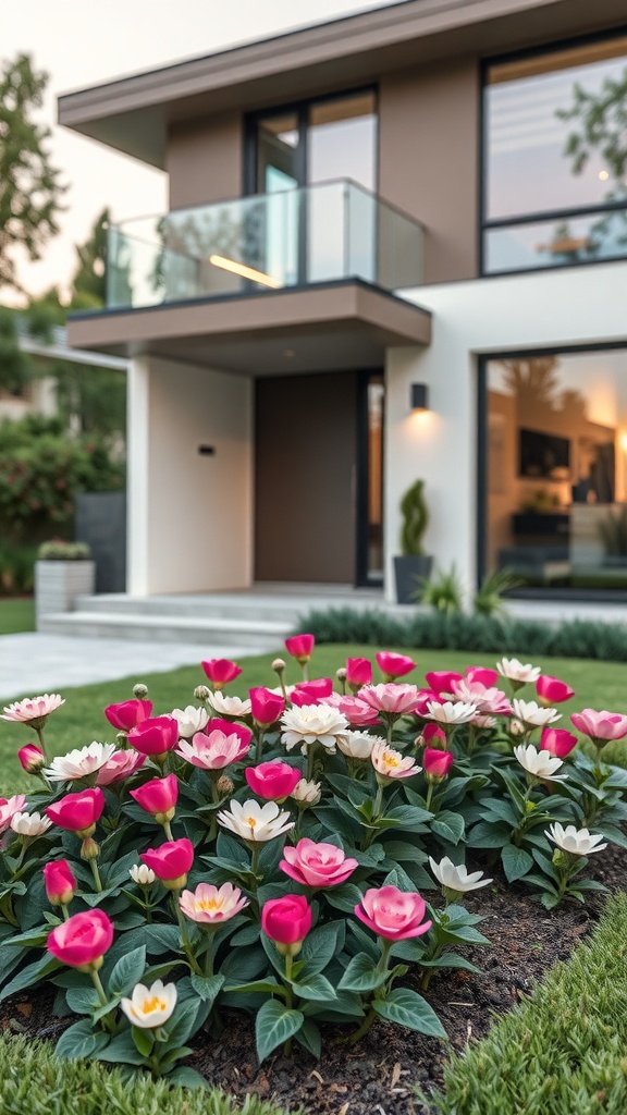 Modern minimalist bed with colorful flowers in front of a house