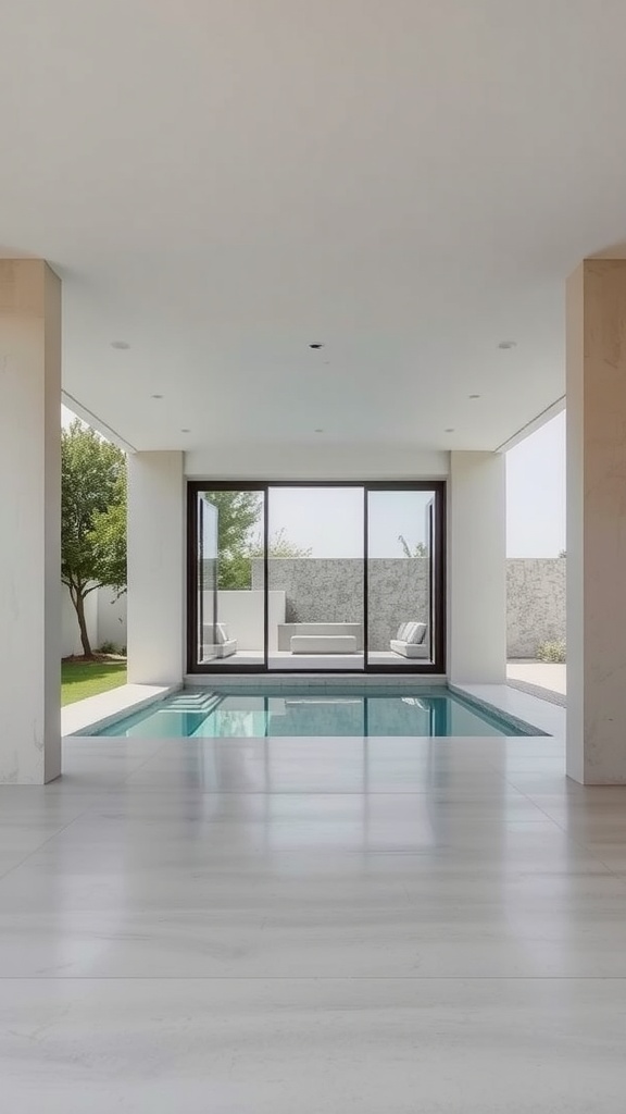 Modern minimalist cabana with a sleek pool and large windows.