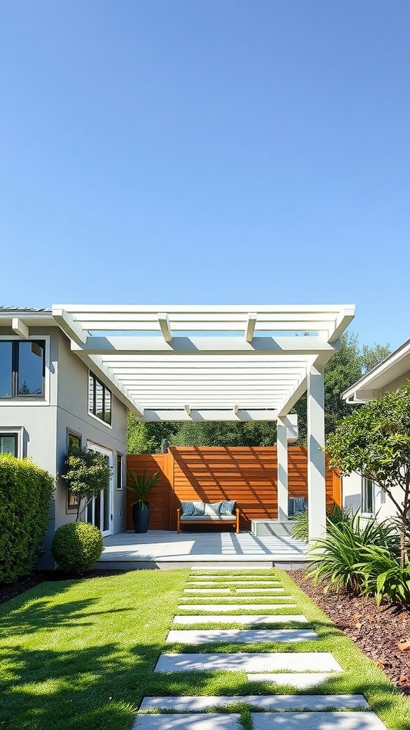 A modern minimalist pergola with sleek lines and an open design, surrounded by greenery.