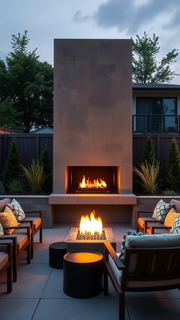 Modern outdoor fireplace with fire pit and seating area in a stylish patio