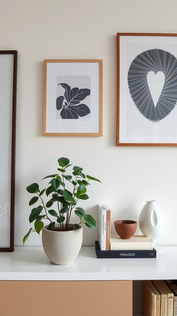 A stylish shelf featuring a jade plant, framed artwork, and decorative items, showcasing modern decor.