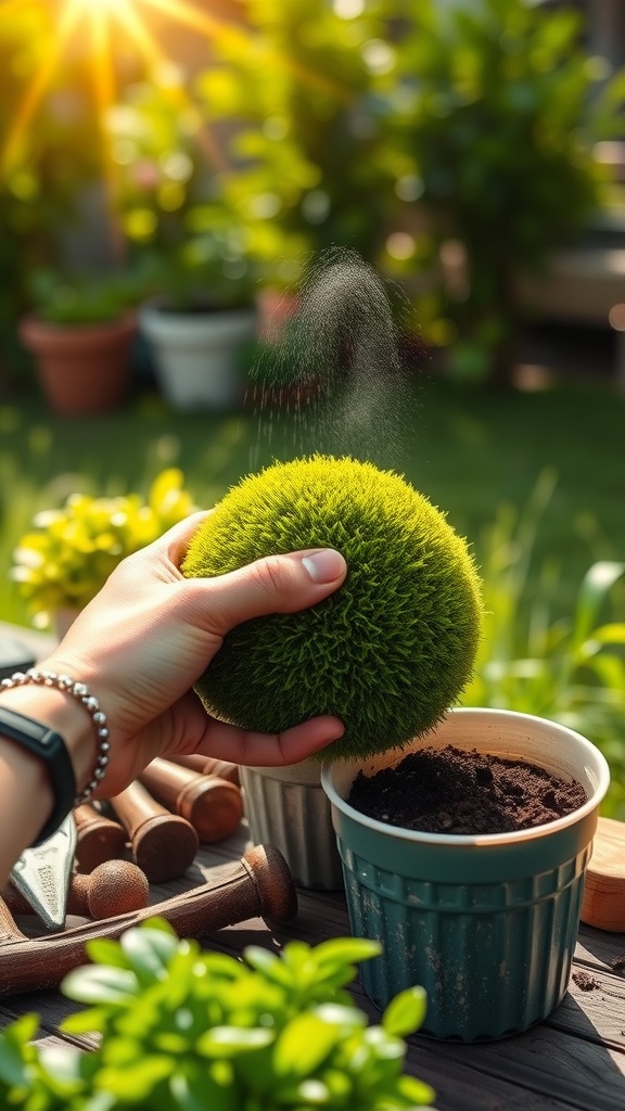 A hand spritzing a green moss ball with water, surrounded by gardening tools and plants.