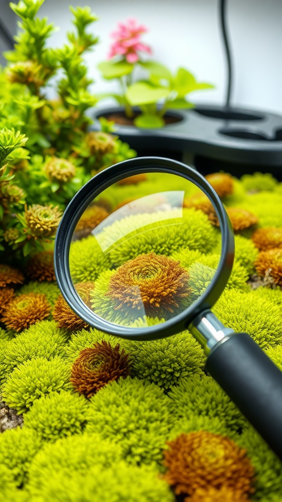 Close-up of moss with a magnifying glass highlighting its details
