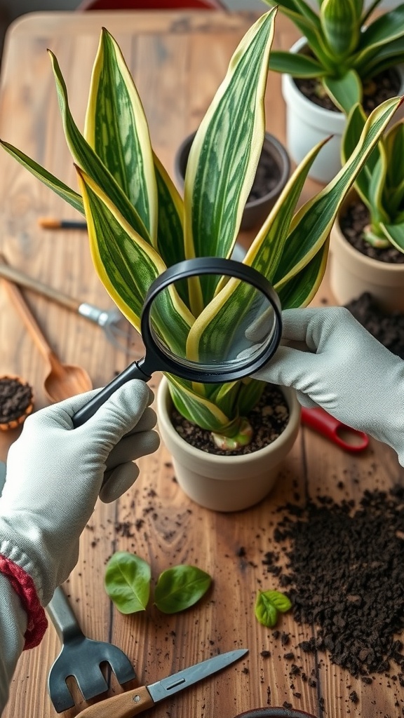 A person wearing gloves is inspecting a Snake Plant with a magnifying glass on a wooden table surrounded by gardening tools and soil.