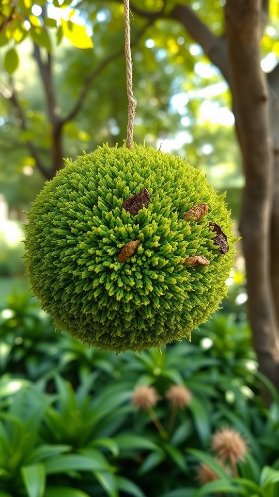 A vibrant hanging Japanese moss ball planter surrounded by green foliage.