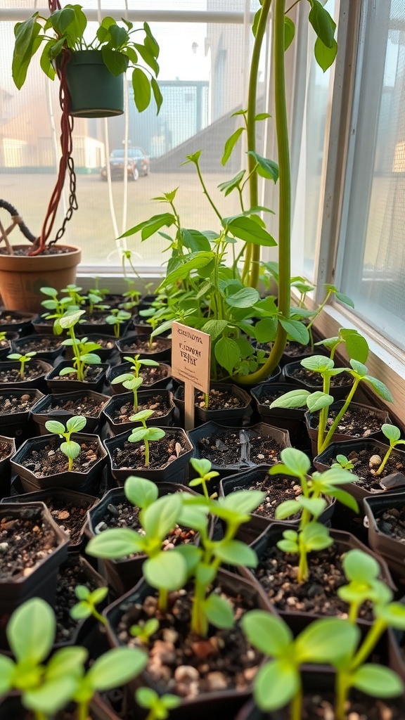 A collection of seedlings growing indoors in pots, with some labeled for identification.