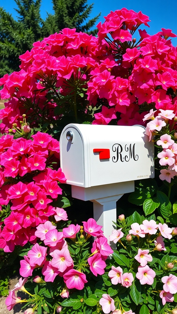 A white monogrammed mailbox surrounded by bright pink flowers.