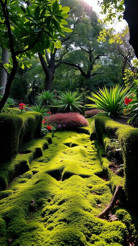 Lush green moss covering a garden pathway surrounded by plants and flowers.