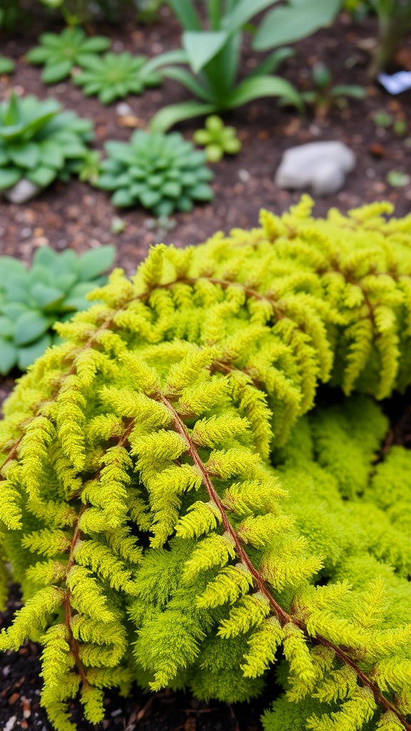 Lush green Moss Fern (Selaginella) with fronds in a shaded garden area.