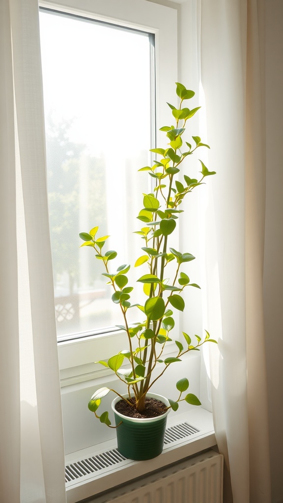 A healthy jade plant positioned by a sunny window, showcasing vibrant green leaves.