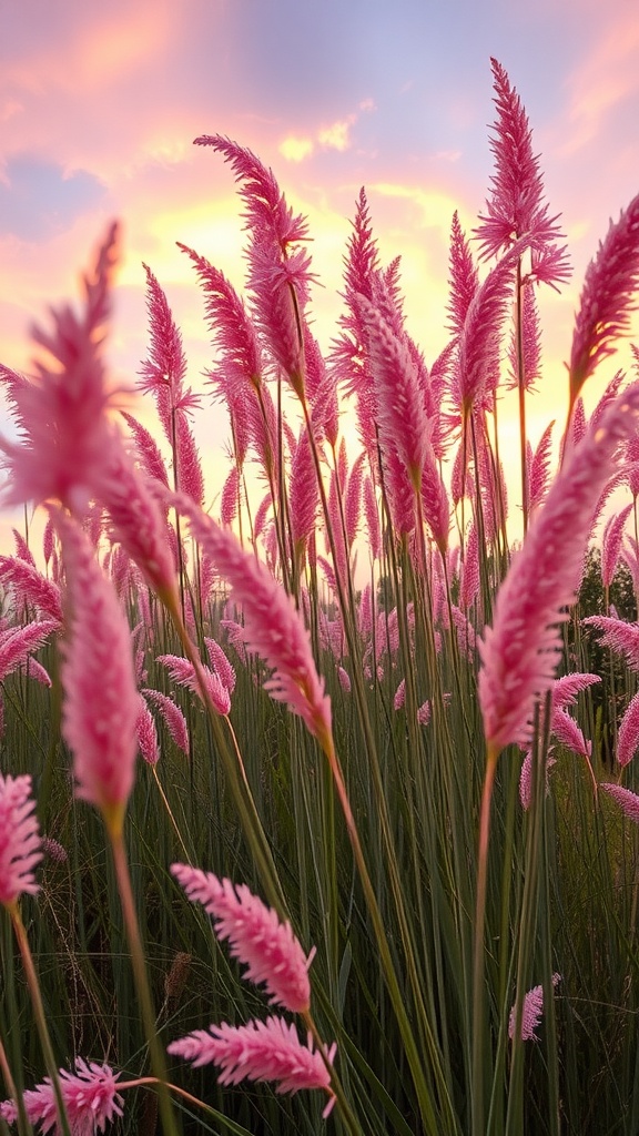 Field of pink Muhly grass against a sunset sky