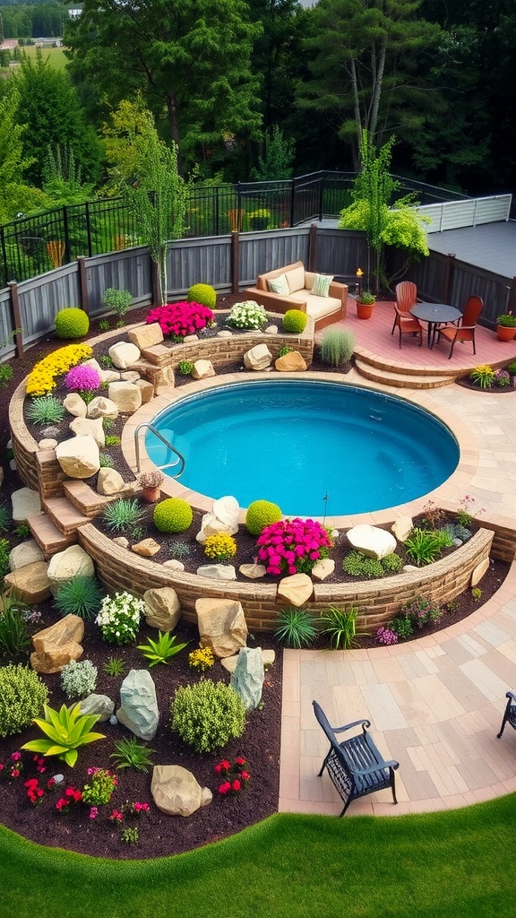 A beautifully landscaped multi-level above ground pool area featuring colorful flowers, rocks, and seating.