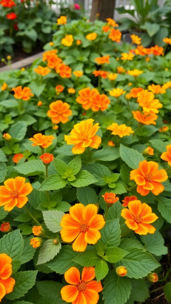 A vibrant display of yellow and orange nasturtium flowers in a garden setting.