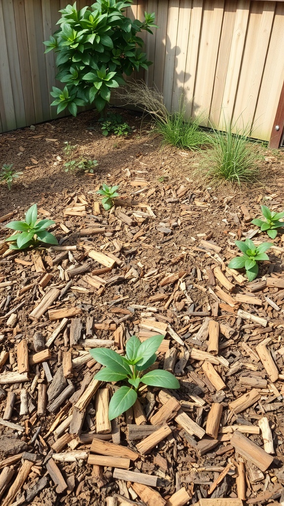 A small garden area with young plants surrounded by wood chips