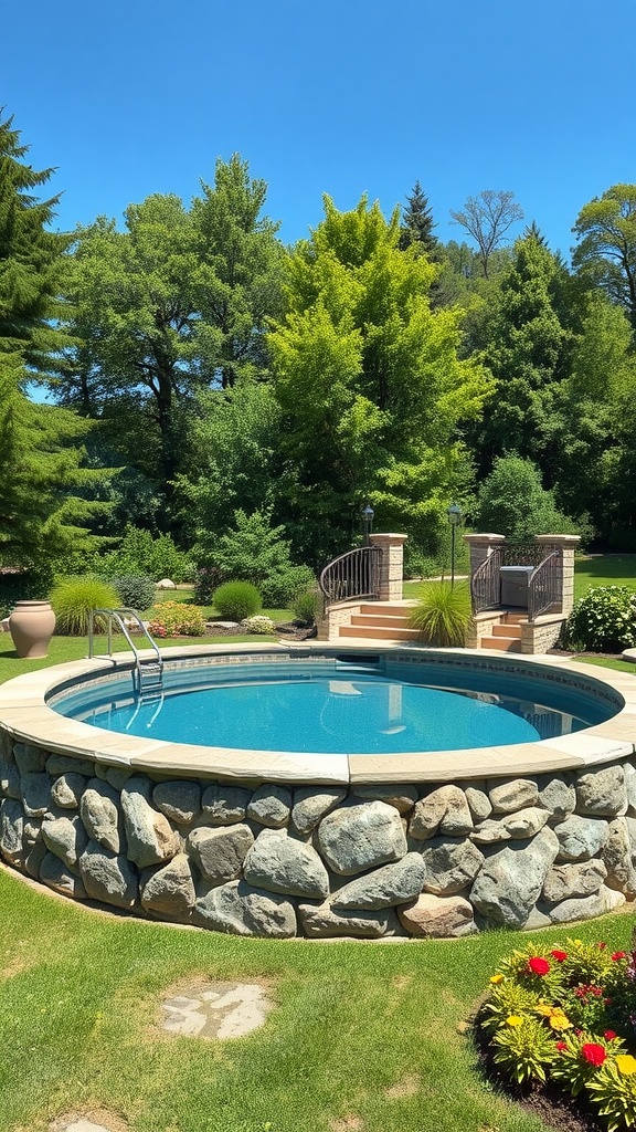 A beautiful above-ground pool with a natural stone border surrounded by green grass and trees.