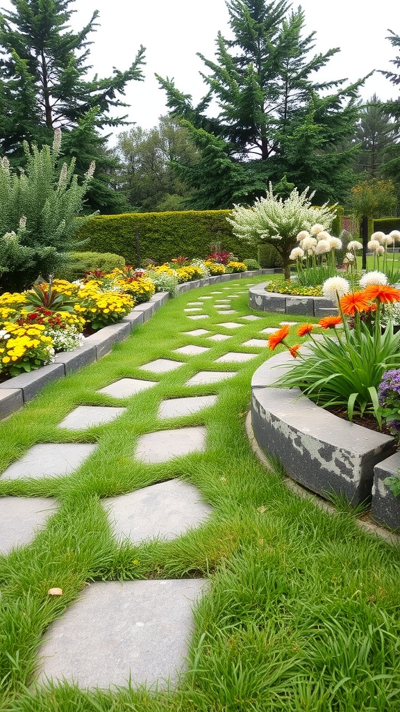 A beautifully landscaped backyard featuring natural stone pathways and vibrant flower beds.