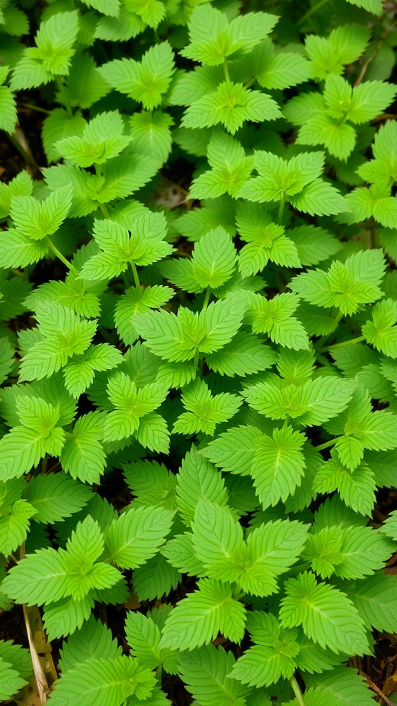 A lush patch of green nettle leaves in a garden setting, showcasing their vibrant and healthy appearance.