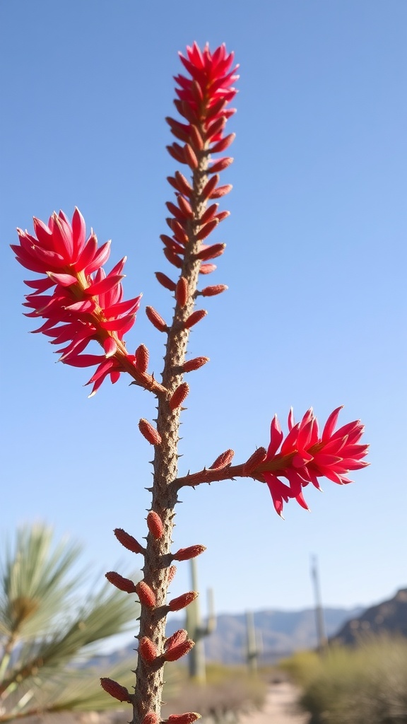 A close-up of an Ocotillo plant showcasing its vibrant red flowers against a clear blue sky.