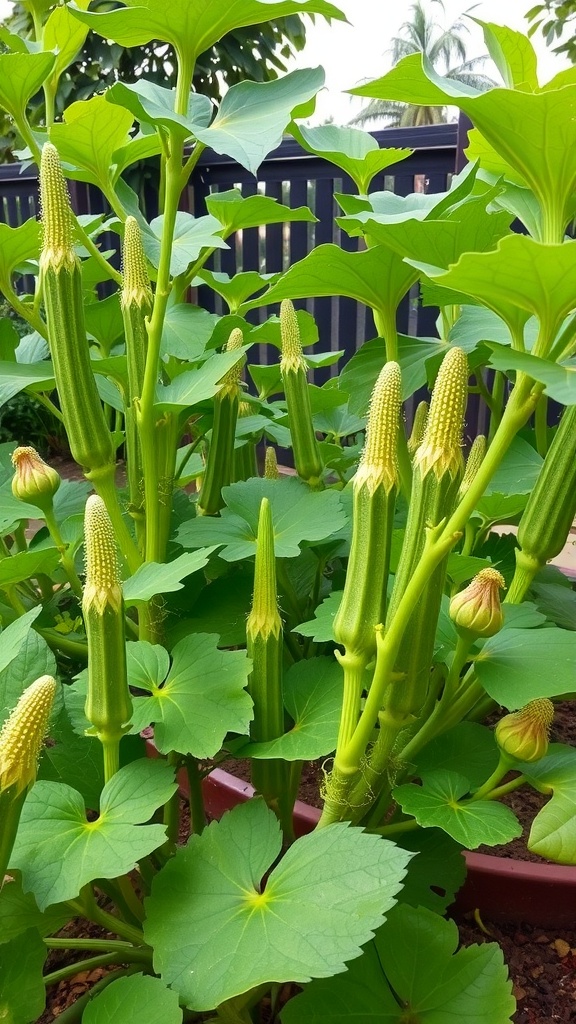 Healthy okra plants thriving in summer heat