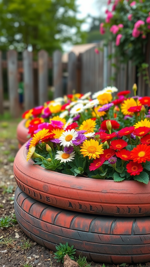 Colorful flowers planted in stacked old tires in a garden setting.