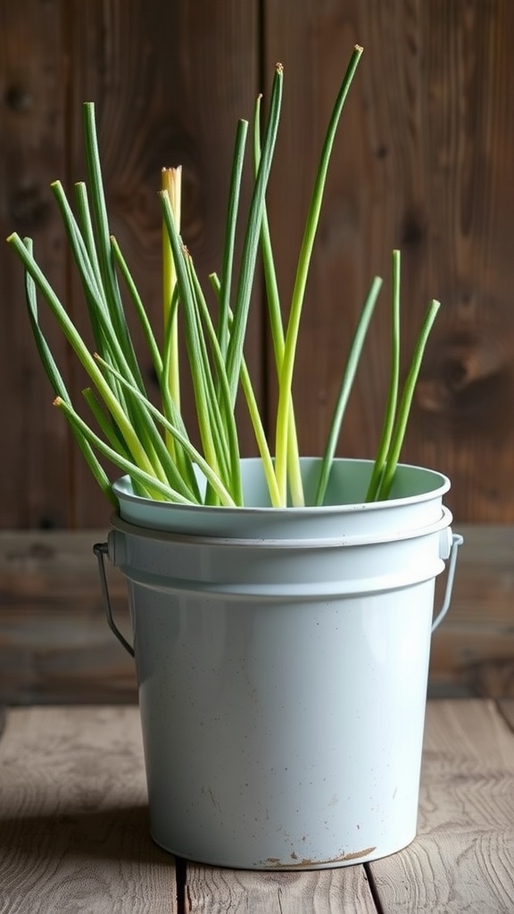 A light blue bucket filled with green onions, showcasing easy container gardening.