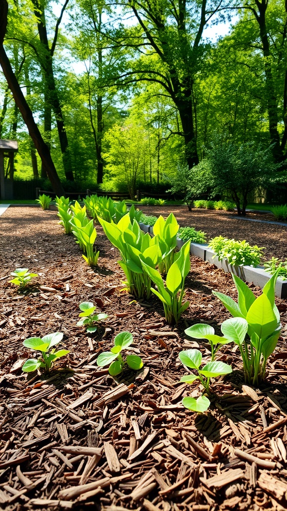 A lush garden with vibrant green plants bordered by shredded bark mulch.