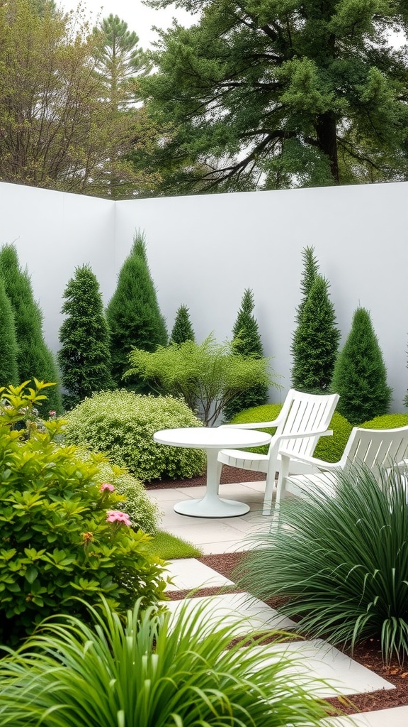 A modern minimalist garden with white furniture surrounded by evergreen shrubs and grasses.