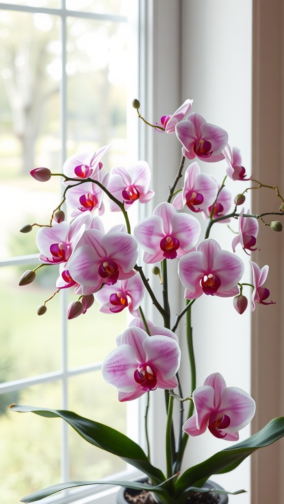 A beautiful display of pink and purple orchids near a window, showcasing their delicate petals