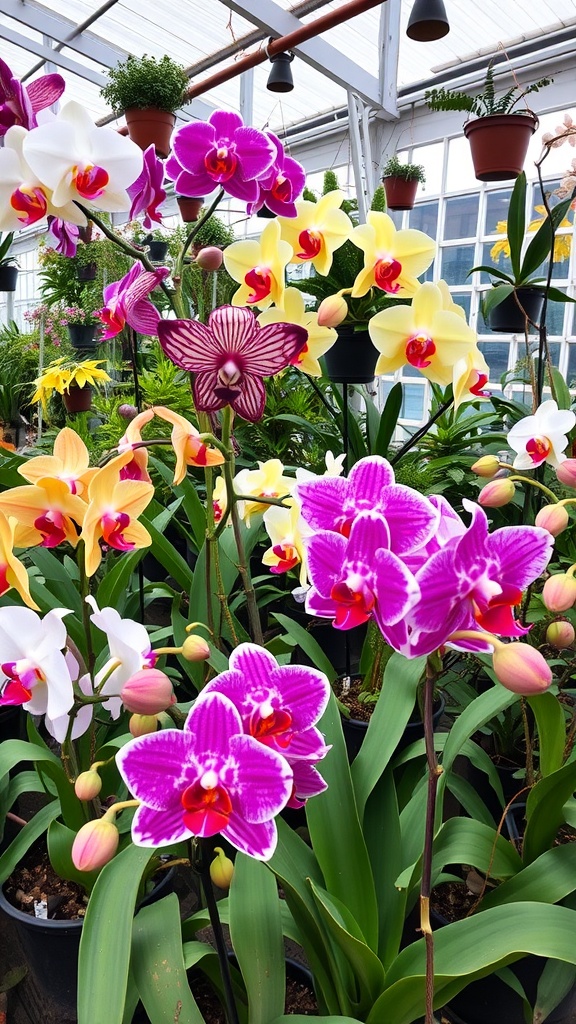 A vibrant display of various colored orchids in a greenhouse.