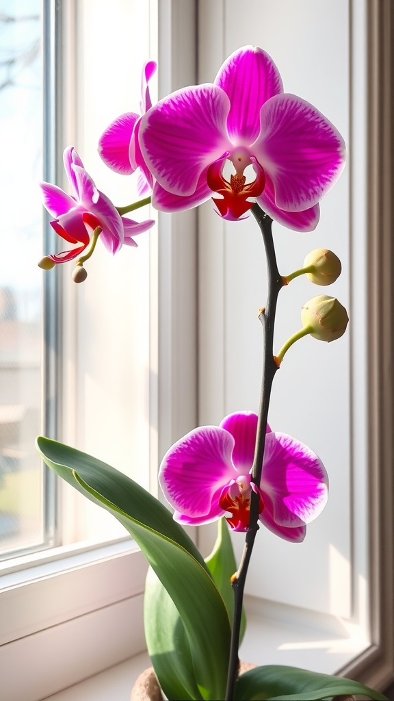 A pink orchid in full bloom beside a sunlit window.